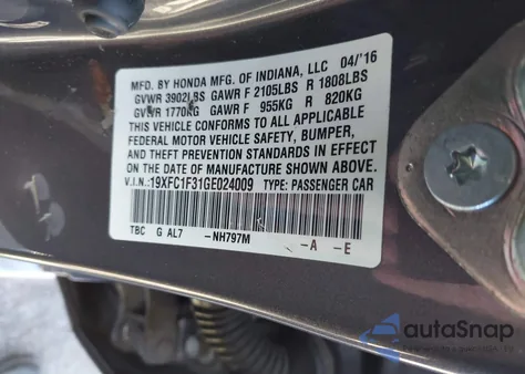 2016 Honda Civic Ex-T из США, поврежденный, VIN 19XFC1F31GE024009